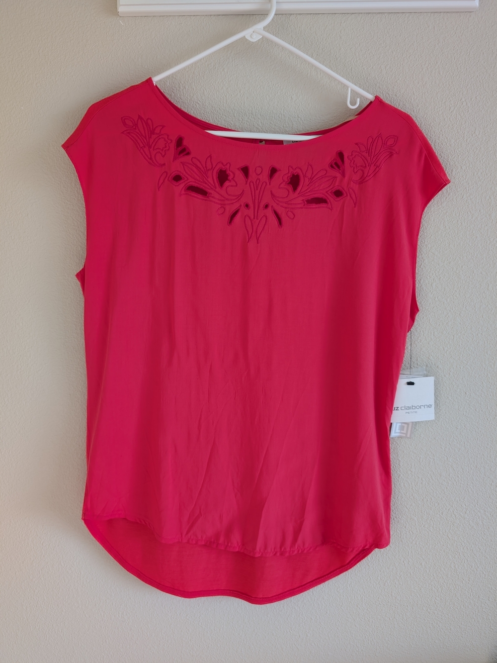 Liz Claiborne Bright Pink Embroidered Yoke Cap-Sleeve Blouse
